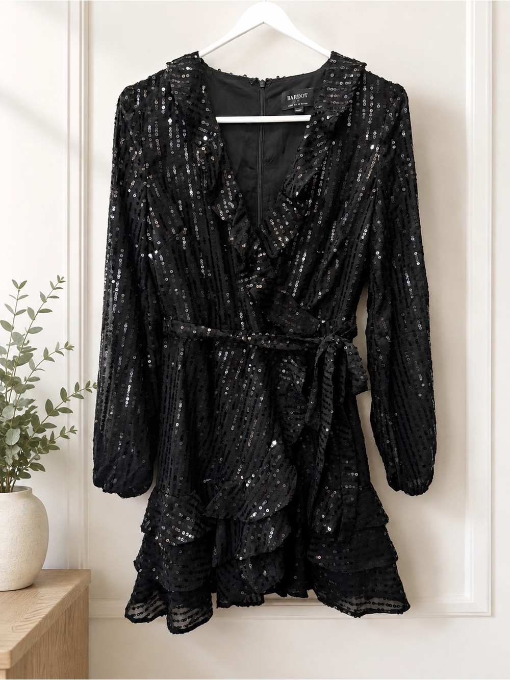 Bardot Black Sequin Wrap Dress with Ruffle Hem